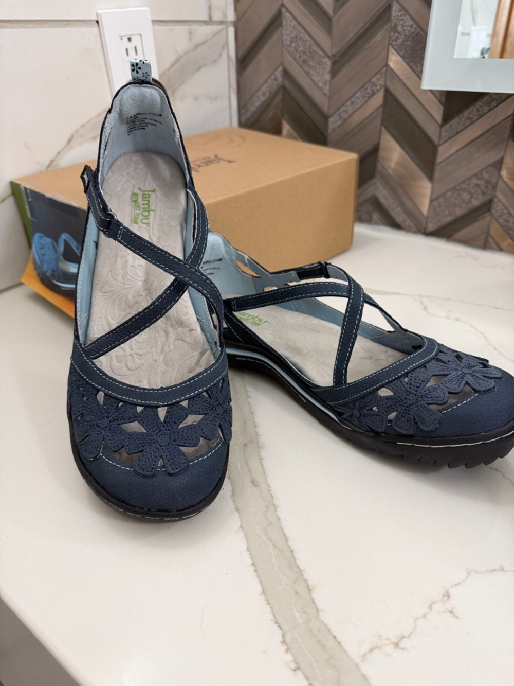 JBU Navy Floral Cutout Cross-Strap Mary Jane Flats